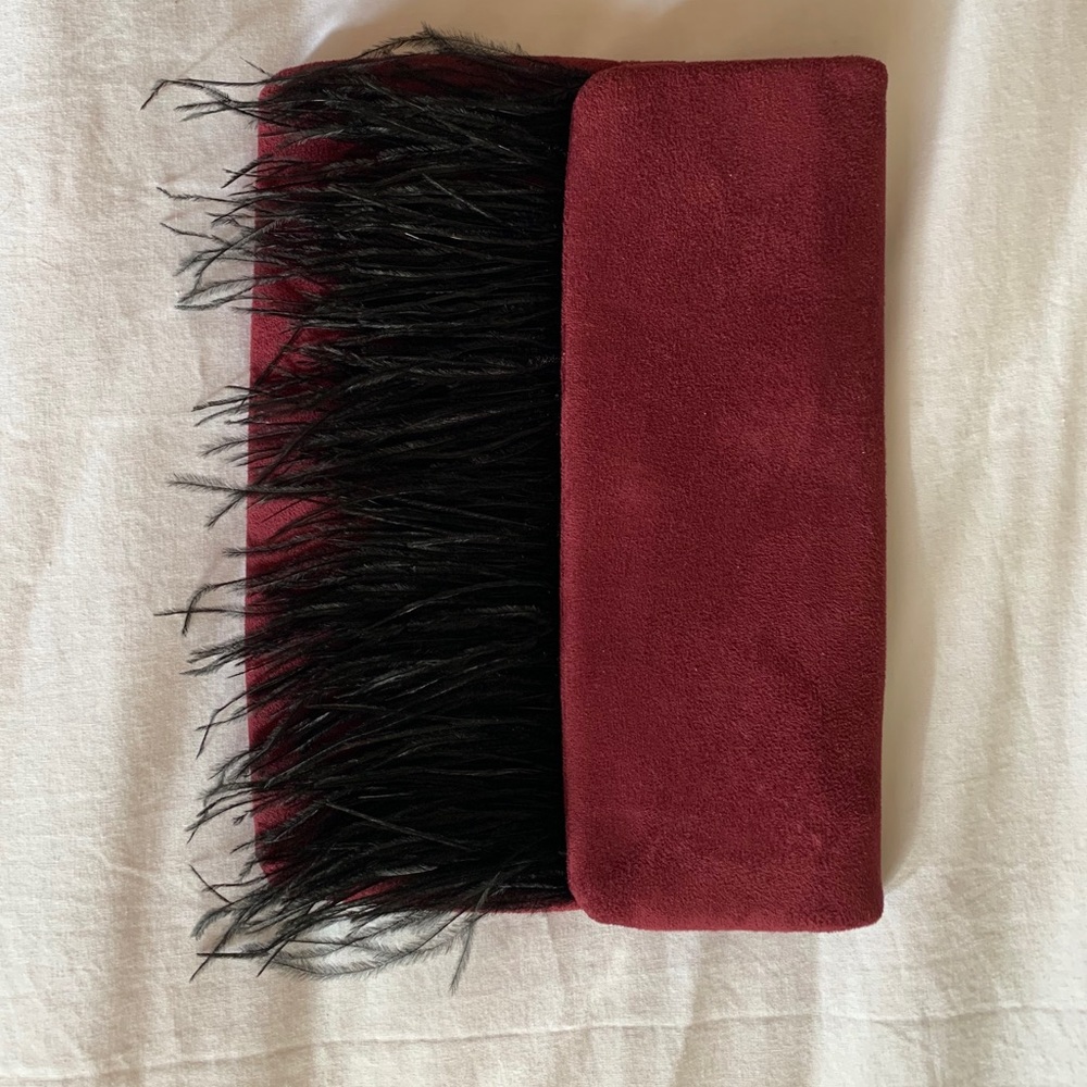 Maroon Colored Faux Suede and Black Feather Clutch